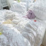 elvesmall  Princess Seersucker Kawaii Bedding Set Lovely Ruffles Girl Duvet Cover Set Solid Color Soft Comfortable Bed Sets