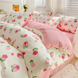 elvesmall Duvet Cover Simple Plant Flower Bed Sheet for Adults and Kids Washed Cotton Floral Pillowcase Home Textiles Four-Piece Bed Set