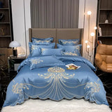 elvesmall  Golden Feather Embroidery Bedding Set Luxury Pearl White Satin Cotton Bedclothes Duvet Cover Bed Sheets Set Pillowscases