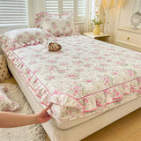 elvesmall 100% Cotton Mattress Cover Floral Style Bedspread Thickened Fitted Sheet Lace Bed Linen Quilted Bed Cover  (No Pillowcase)