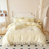 elvesmall Korean Princess Bedding Set Hollow Lace Patchwork Solid Color Lace Ruffle Duver Cover Set Luxury Girls Wedding Home Textiles