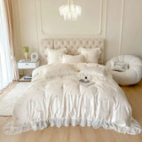 elvesmall  Pink French Style Princess Bedding Set Rose Embroidery Lace Ruffles Lyocell Fabric Soft Silky Duvet Cover Bed Sheet Pillowcases