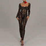 srczz Sheer Lace Hollow Out Sexy Jumpsuits Zip Up Backless Outfits Women Unitards Square Neck Romper Overalls One Piece