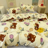 elvesmall Korean Style Strawberry Bedding Set Flat Bed Sheet Twin Full Queen Nordic Bed Linen Kids Girls Floral Cartoon Rabbit Duvet Cover