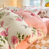elvesmall Floral Botanical Duvet Cover Set Cotton Pink Bows Reversible Bedding for Girls Women Farmhouse Aesthetic Garden for All Seasons