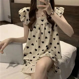 elvesmall  Heart Print Women Pajamas Sets for Home Summer Sleepwear Shorts Sleeve 2 Pieces Night Wears Korean Square Collar Home Suit