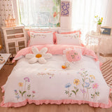 elvesmall  white pastoral style flowers Embroidered Ruffle Cotton Bedding Set Duvet Cover Bed Linen Fitted Sheet Pillowcases Home textiles
