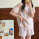elvesmall Flroal Sleepwear Women Pajama Sets Summer Piiama Korean Sets for Women 2 Pieces Home Suit Pink Cute Night Wears Button Pyjamas