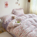 elvesmall Ins Girl Bedding Set Heart Cherry Duvet Set With Double Layer Yann Pink Four PIECE Set Simple Washing Cotton Bed Sheet Bed Sheet