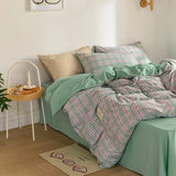 elvesmall Japan Style Plaid Queen Size Duvet Cover Set with Sheets High Quality Skin Friendly Bedding Set King Single Double Bedding Sets