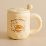 elvesmall  -  1pc Ceramic Mug with Spoon and Lid Cute Ceramic Coffee Milk Cup Cartoon Cup Steaming Microwave Cup kitchenware Gift for Girls