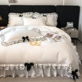 elvesmall  Bedding Set Luxury Princess Bed Linen Multi Layer Ruffle Bow Duvet Cover Set Bed Sheet and Pillowcases Queen Bed Comforter Set