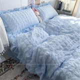 elvesmall  Quilt Cover INS Girl Blue Solid Color Seersucker Ruffles Lace Bedding Set Kawaii  Soft Sheet Woman Duvet Cover Pillow Covers