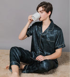 elvesmall  New Typle High Quality Spring Autumn Silk Pajamas Set Men Ice Silk Short Sleeve Large Size Home Wear Suit Male Feel Cool Summer