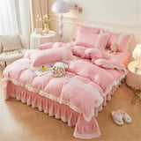 elvesmall Korean Luxury Lace Ruffles Bedding Set Skin-Friendly Washed Cotton Princess Style Duvet Cover Bed Sheet Pillowcase Home Textiles