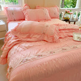 elvesmall Pink Ruffle Comforter Bed Sheet Pillowcases Queen Size Lightweight Fluffy Farmhouse White Ruffle Bedding Set Soft Microfiber
