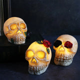 elvesmall  Halloween Luminous Resin Skull Head LED Terror Skull Decoration Prop Skeleton Head with Rose Flower Halloween Decoration