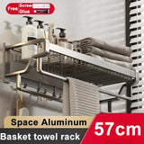 elvesmall Bathroom Shelf Towel Hanger Rack Wall-mouted Double Rod Mesh Basket Towel Rack Holder Toiletries Storage Bathroom Wall Shelves