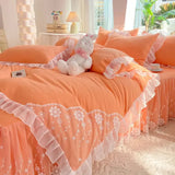 elvesmall  Pink Lace Ruffle Bedding Set Luxury Bed Skirt Sheet Bedspread Korean Duvet Cover Girls Princess Bedspread Pillowcases