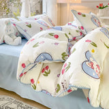 elvesmall Pastoral Girls Flower Bedding Sets, Washed Cotton Bed Linens, Soft Quilt Cover Sheet Set, Simple Bedspread, Home Textiles