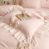 elvesmall  Chiffon Lace Bedding Set Pink France Romantic Princess Wedding Ruffles Bow Soft Duvet Cover Bed Sheet Pillowcases Home Textile