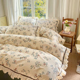 elvesmall Floral Print Pure Cotton Home Bedding Set Lace Edge Duvet Cover Set With Flat Sheet Vintage Rose Comforter Covers Pillowcases