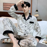 elvesmall  Fashionable Luxury Spring Ice Silk Men's Pajamas Long Sleeve Pants Thin Pyjamas Summer Youth Homewear Set Sleepwear-set Male