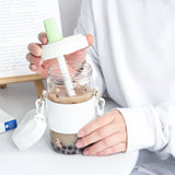 elvesmall  -  Kawaii Cat Bubble Tea Glass Water Bottle With Straw PU Sleeve Cute Boba Coffee Milk Cups Portable Girl Drinking Bottle BPA Free