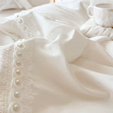 elvesmall  Pearl Lace Decorate Bedding Sets Luxury Snow White Egyptian Cotton Princess Wedding Pleated Duvet Cover Bed Sheet Pillowcases
