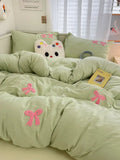 elvesmall Ins Style Girl Blue 1.5m/1.8m Fitted Sheet Bow Towel Bedding Set Embroidery Washed Cotton Four-piece Set Bed Sheet Three-piece