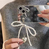 elvesmall White Bowknot Heart Keychain Women Sweet Charm Pearl Bow Backpack Key Ring Handmade Jewelry Ornament Bags Pendants Gif