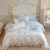 elvesmall  French Romantic Bedding Set Luxury Flower Embroidery Princess Pink Ruffle Milk Velvet Quilt Duvet Cover Bed Sheet Set Bedclothes