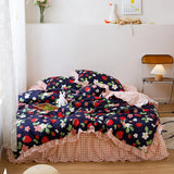 elvesmall Korean Ruffle Lace Bed Skirt Set Botanical Floral Strawberry Duvet Cover with 2 Pillowcase Soft Microfiber Bedding Set Full Size