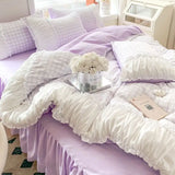 elvesmall Ins Princess Style Korean Lace Bed Four-piece Set Bed Skirt Dormitory Bed Sheet Quilt Cover Bedding Set Three-piece