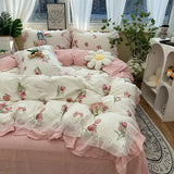 elvesmall Korean Bow Bedding Set Princess Ruffle Lace Girls Duvet Cover No Filling Flat Sheet Pillowcases Floral Quilt Cover Bed Linens