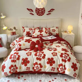 elvesmall  King Size Bedding Set 100% Cotton Red Wedding Bedding Set Floral Printed Bed Linen Duvet Cover Set Bed Sheets and Pillowcases
