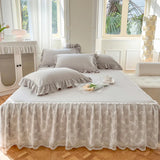 elvesmall Solid Color Bed Skirt & Pillowcase Washed Cotton Wrap Around Bedskirt with Embroidered Lace White Pleated Dust Ruffle Bed Sheet