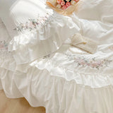 elvesmall 100% Cotton Princess White Bedding Sets Korean Ruffle Bedspread Flower Embroidery Duvet Cover Bed Skirt Pillowcases Home Textile