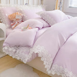 elvesmall  Solid Color Bedding Set with Lace Edge Princess Style Pink Bed Cover Set Queen/King Bed Sheet Sets for Girls Double Bedding Sets