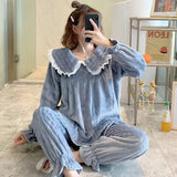 elvesmall Square Collar Women Pajamas Set Winter Sleepwear Fleece Velvet 2 Piece Pant Home Suit Fluffy Korean Solid Piiama Warm Night Wear