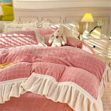 elvesmall Carved Milk Velvet Bedding Set Girl Luxury Princess Ruffle Bow Bed Linen Thicken Warm Quilt Cover Sheet Pillowcase Bedroom Decor