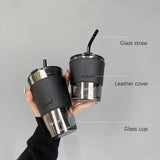 elvesmall  -  350/450ml Coffee Straw Cup With Lid Heat-Resistant Water Bottle Beer Drinkware Coffee Mug With Straw Deer Printed Leather Glass