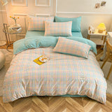 elvesmall  3/4Pcs Skin Friendly Microfiber Duvet Cover Set, Washed Cotton Craft, Double Queen King Plaid Bed Cover Bed Linen Bedding Set