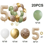 elvesmall 20pcs Jungle Animal Theme Party Sage Green Balloon Caramel Number 0-9 Foil Balloons Happy Birthday Party Baby Shower Decoration