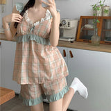 elvesmall  Plaid Sleepwear Women Pajama Sets Summer Pijama Shorts Sets 2 Pieces Korean Ruffles Night Wears Lace Pyjamas V-neck Home Suit