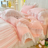 elvesmall Light Luxury French Four-piece Bedding Set Washed Cotton High-grade Fairy Bed Cover Bed Solid Color Bed Sheet Quilt Cover