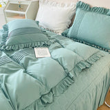 elvesmall 100% Cotton Solid Color Vintage Ruffled Duvet Cover Farmhouse Rustic Comforter Cover Geometric Stripes Bedding Set with 2 Sham