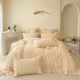elvesmall Korean Princess Style Lace Ruffles Bedding Set Solid Color Duvet Cover Set Flat/Fitted Bed Sheet Pillowcases With Pillowcases