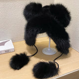 elvesmall Women Winter Warm Kawaii Fox Fur Imitation Mink Plush Hat Thickened Cute Bear Ear Japanese Bomber Hat Ear Protection Cosplay Cap