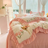 elvesmall Fashion Flower Bedding Set Bed Sheet Cute Princess AB Double Sided Ruffle Flower Quilt Cover Pillowcase Bedclothes Home Textiles